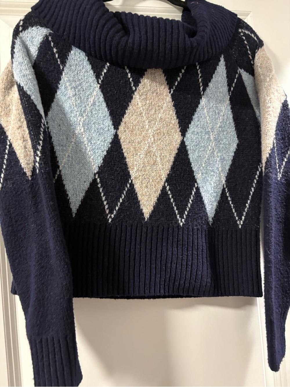 Edikted Navy Argyle Cowl Turtleneck Sweater with Light Blue and Cream Diamonds